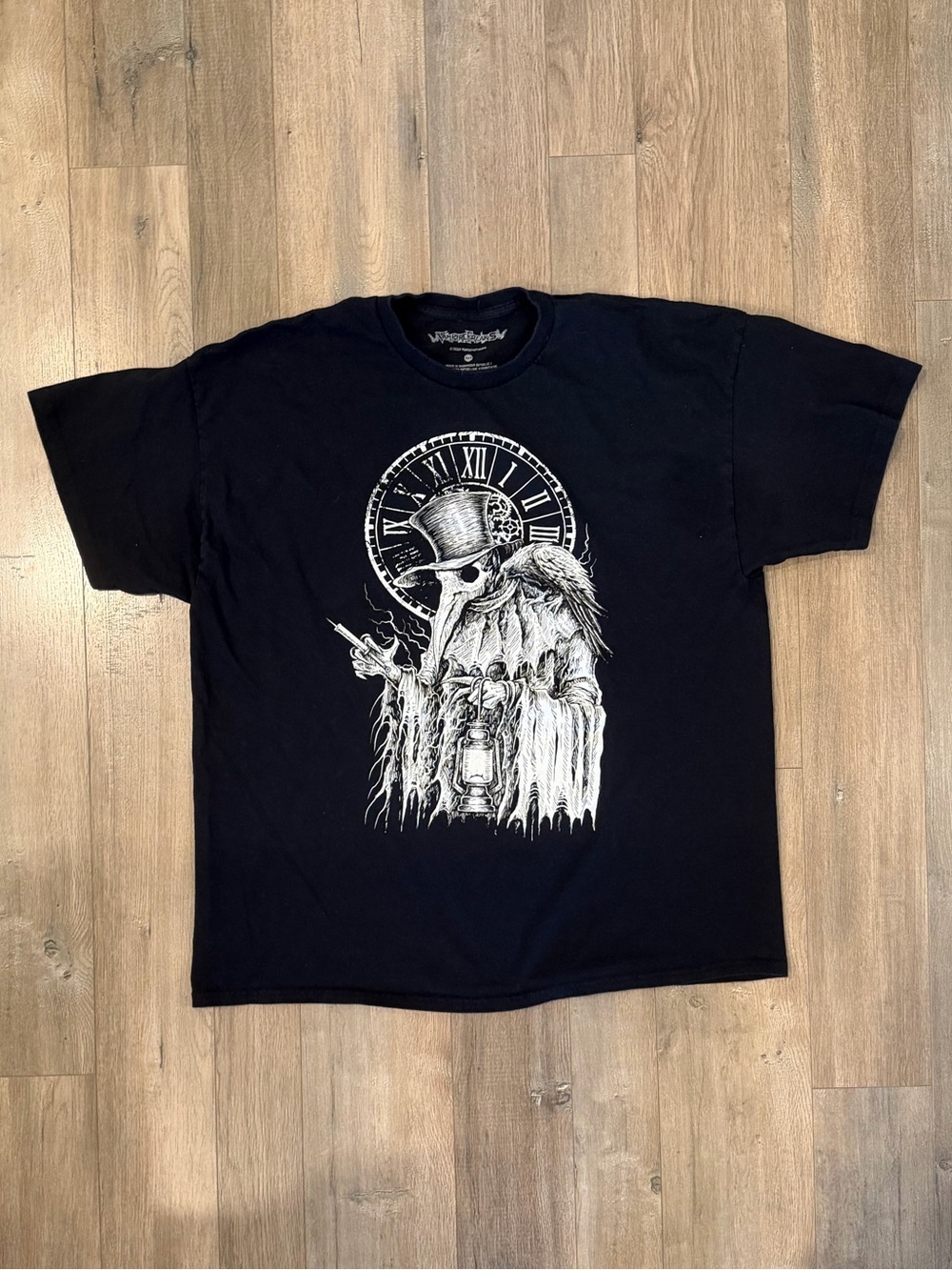 Men's Black Short-Sleeve Graphic Tee with Plague Doctor Clock Artwork